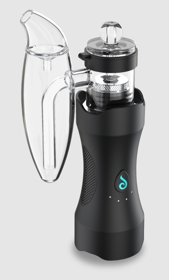 A modern portable dabbing device with a transparent glass mouthpiece and a black body featuring a blue water droplet logo and LED indicators.